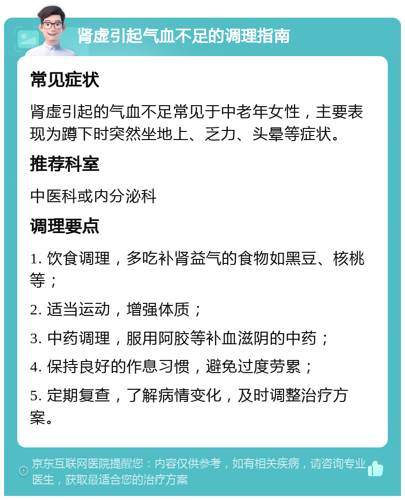 肾虚引起气血不足的调理指南 常见症状 肾虚引起的气血不足常见于中老年女性，主要表现为蹲下时突然坐地上、乏力、头晕等症状。 推荐科室 中医科或内分泌科 调理要点 1. 饮食调理，多吃补肾益气的食物如黑豆、核桃等； 2. 适当运动，增强体质； 3. 中药调理，服用阿胶等补血滋阴的中药； 4. 保持良好的作息习惯，避免过度劳累； 5. 定期复查，了解病情变化，及时调整治疗方案。