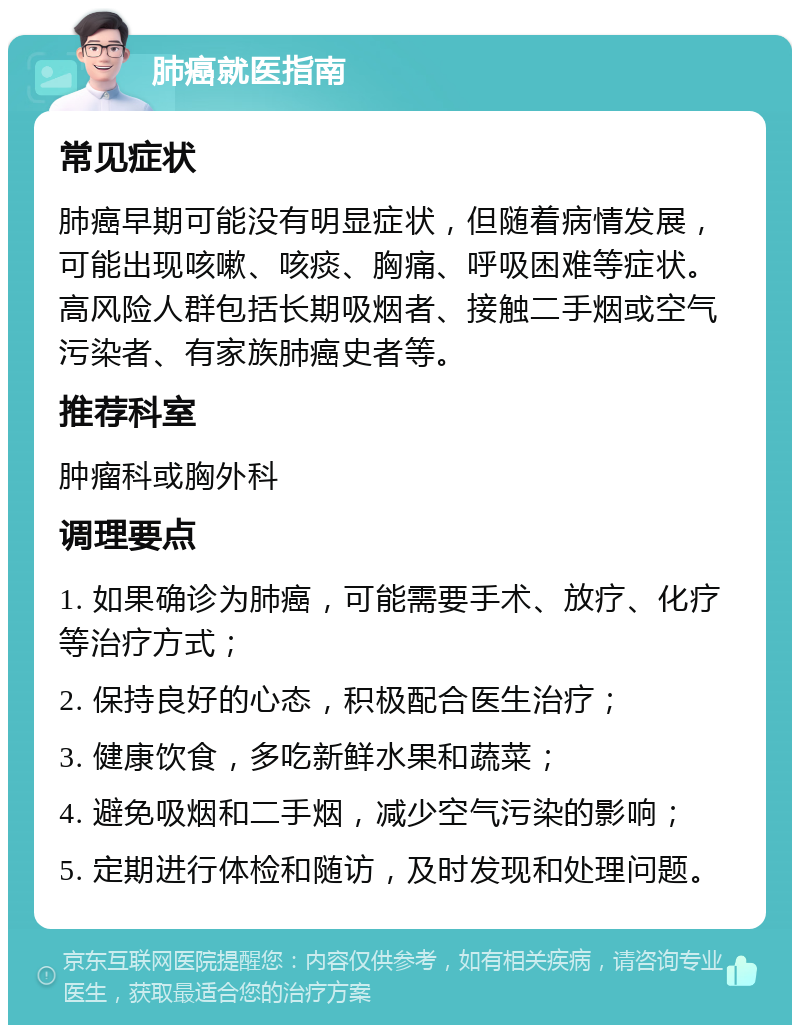 肺癌就医指南 常见症状 肺癌早期可能没有明显症状，但随着病情发展，可能出现咳嗽、咳痰、胸痛、呼吸困难等症状。高风险人群包括长期吸烟者、接触二手烟或空气污染者、有家族肺癌史者等。 推荐科室 肿瘤科或胸外科 调理要点 1. 如果确诊为肺癌，可能需要手术、放疗、化疗等治疗方式； 2. 保持良好的心态，积极配合医生治疗； 3. 健康饮食，多吃新鲜水果和蔬菜； 4. 避免吸烟和二手烟，减少空气污染的影响； 5. 定期进行体检和随访，及时发现和处理问题。