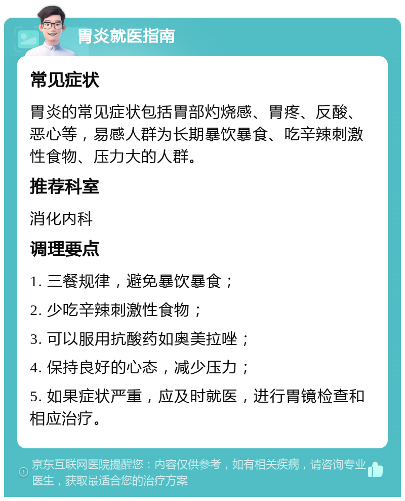 胃炎就医指南 常见症状 胃炎的常见症状包括胃部灼烧感、胃疼、反酸、恶心等，易感人群为长期暴饮暴食、吃辛辣刺激性食物、压力大的人群。 推荐科室 消化内科 调理要点 1. 三餐规律，避免暴饮暴食； 2. 少吃辛辣刺激性食物； 3. 可以服用抗酸药如奥美拉唑； 4. 保持良好的心态，减少压力； 5. 如果症状严重，应及时就医，进行胃镜检查和相应治疗。