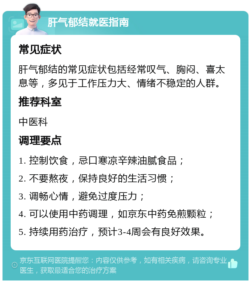 肝气郁结就医指南 常见症状 肝气郁结的常见症状包括经常叹气、胸闷、喜太息等，多见于工作压力大、情绪不稳定的人群。 推荐科室 中医科 调理要点 1. 控制饮食，忌口寒凉辛辣油腻食品； 2. 不要熬夜，保持良好的生活习惯； 3. 调畅心情，避免过度压力； 4. 可以使用中药调理，如京东中药免煎颗粒； 5. 持续用药治疗，预计3-4周会有良好效果。