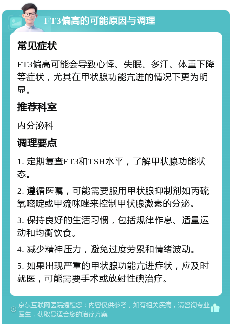 FT3偏高的可能原因与调理 常见症状 FT3偏高可能会导致心悸、失眠、多汗、体重下降等症状，尤其在甲状腺功能亢进的情况下更为明显。 推荐科室 内分泌科 调理要点 1. 定期复查FT3和TSH水平，了解甲状腺功能状态。 2. 遵循医嘱，可能需要服用甲状腺抑制剂如丙硫氧嘧啶或甲巯咪唑来控制甲状腺激素的分泌。 3. 保持良好的生活习惯，包括规律作息、适量运动和均衡饮食。 4. 减少精神压力，避免过度劳累和情绪波动。 5. 如果出现严重的甲状腺功能亢进症状，应及时就医，可能需要手术或放射性碘治疗。