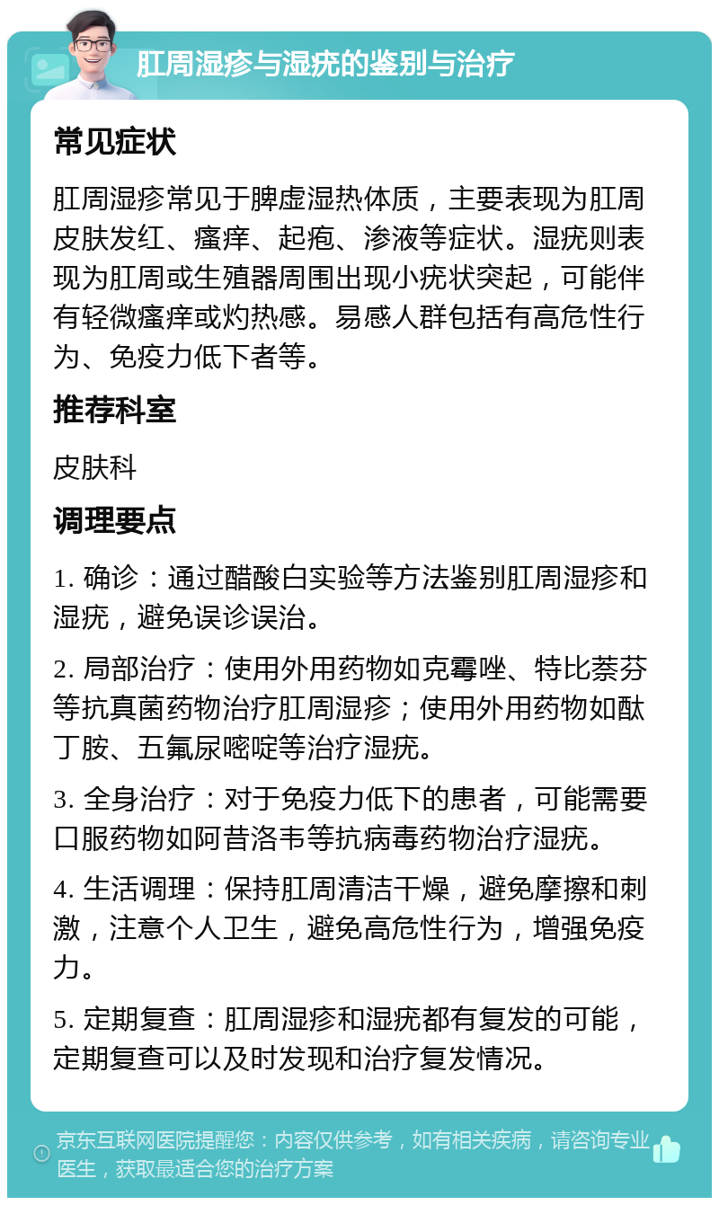 肛周湿疹与湿疣的鉴别与治疗 常见症状 肛周湿疹常见于脾虚湿热体质，主要表现为肛周皮肤发红、瘙痒、起疱、渗液等症状。湿疣则表现为肛周或生殖器周围出现小疣状突起，可能伴有轻微瘙痒或灼热感。易感人群包括有高危性行为、免疫力低下者等。 推荐科室 皮肤科 调理要点 1. 确诊：通过醋酸白实验等方法鉴别肛周湿疹和湿疣，避免误诊误治。 2. 局部治疗：使用外用药物如克霉唑、特比萘芬等抗真菌药物治疗肛周湿疹；使用外用药物如酞丁胺、五氟尿嘧啶等治疗湿疣。 3. 全身治疗：对于免疫力低下的患者，可能需要口服药物如阿昔洛韦等抗病毒药物治疗湿疣。 4. 生活调理：保持肛周清洁干燥，避免摩擦和刺激，注意个人卫生，避免高危性行为，增强免疫力。 5. 定期复查：肛周湿疹和湿疣都有复发的可能，定期复查可以及时发现和治疗复发情况。