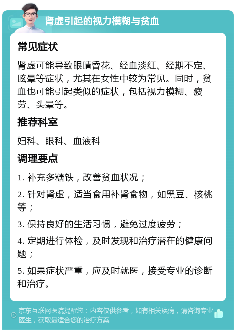 肾虚引起的视力模糊与贫血 常见症状 肾虚可能导致眼睛昏花、经血淡红、经期不定、眩晕等症状，尤其在女性中较为常见。同时，贫血也可能引起类似的症状，包括视力模糊、疲劳、头晕等。 推荐科室 妇科、眼科、血液科 调理要点 1. 补充多糖铁，改善贫血状况； 2. 针对肾虚，适当食用补肾食物，如黑豆、核桃等； 3. 保持良好的生活习惯，避免过度疲劳； 4. 定期进行体检，及时发现和治疗潜在的健康问题； 5. 如果症状严重，应及时就医，接受专业的诊断和治疗。