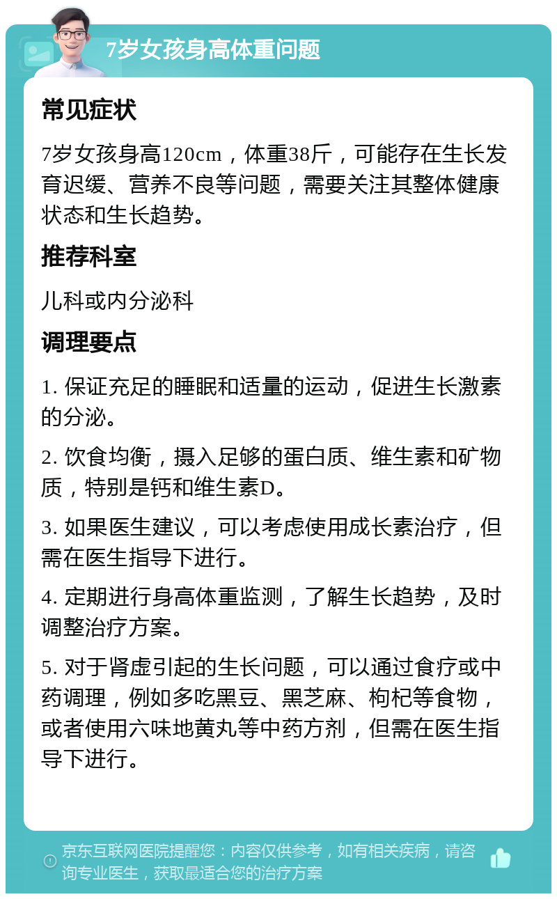 7岁女孩身高体重问题 常见症状 7岁女孩身高120cm，体重38斤，可能存在生长发育迟缓、营养不良等问题，需要关注其整体健康状态和生长趋势。 推荐科室 儿科或内分泌科 调理要点 1. 保证充足的睡眠和适量的运动，促进生长激素的分泌。 2. 饮食均衡，摄入足够的蛋白质、维生素和矿物质，特别是钙和维生素D。 3. 如果医生建议，可以考虑使用成长素治疗，但需在医生指导下进行。 4. 定期进行身高体重监测，了解生长趋势，及时调整治疗方案。 5. 对于肾虚引起的生长问题，可以通过食疗或中药调理，例如多吃黑豆、黑芝麻、枸杞等食物，或者使用六味地黄丸等中药方剂，但需在医生指导下进行。