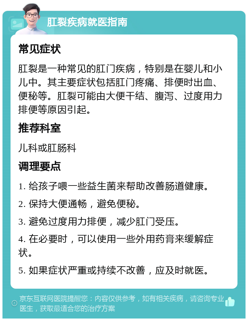 肛裂疾病就医指南 常见症状 肛裂是一种常见的肛门疾病，特别是在婴儿和小儿中。其主要症状包括肛门疼痛、排便时出血、便秘等。肛裂可能由大便干结、腹泻、过度用力排便等原因引起。 推荐科室 儿科或肛肠科 调理要点 1. 给孩子喂一些益生菌来帮助改善肠道健康。 2. 保持大便通畅，避免便秘。 3. 避免过度用力排便，减少肛门受压。 4. 在必要时，可以使用一些外用药膏来缓解症状。 5. 如果症状严重或持续不改善，应及时就医。