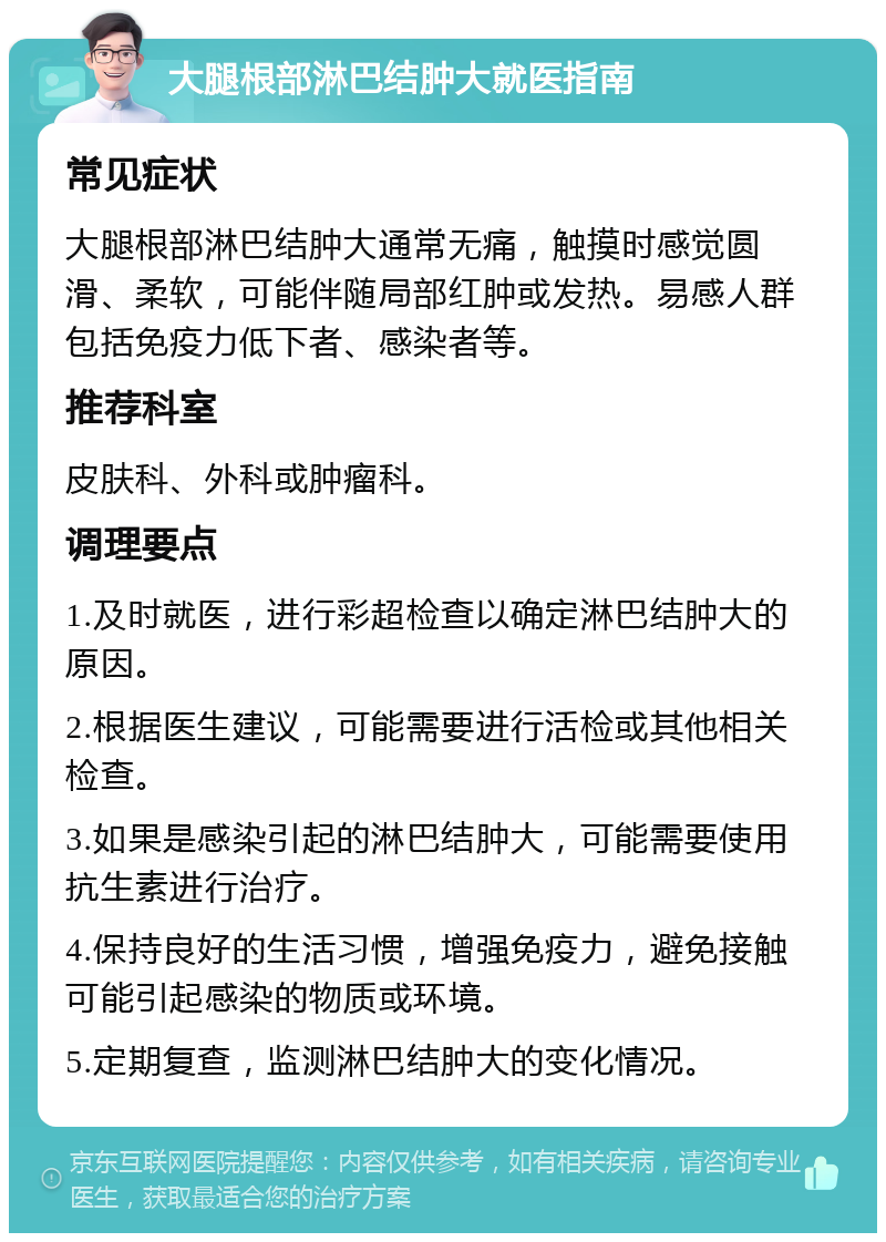 大腿根部淋巴结肿大就医指南 常见症状 大腿根部淋巴结肿大通常无痛，触摸时感觉圆滑、柔软，可能伴随局部红肿或发热。易感人群包括免疫力低下者、感染者等。 推荐科室 皮肤科、外科或肿瘤科。 调理要点 1.及时就医，进行彩超检查以确定淋巴结肿大的原因。 2.根据医生建议，可能需要进行活检或其他相关检查。 3.如果是感染引起的淋巴结肿大，可能需要使用抗生素进行治疗。 4.保持良好的生活习惯，增强免疫力，避免接触可能引起感染的物质或环境。 5.定期复查，监测淋巴结肿大的变化情况。