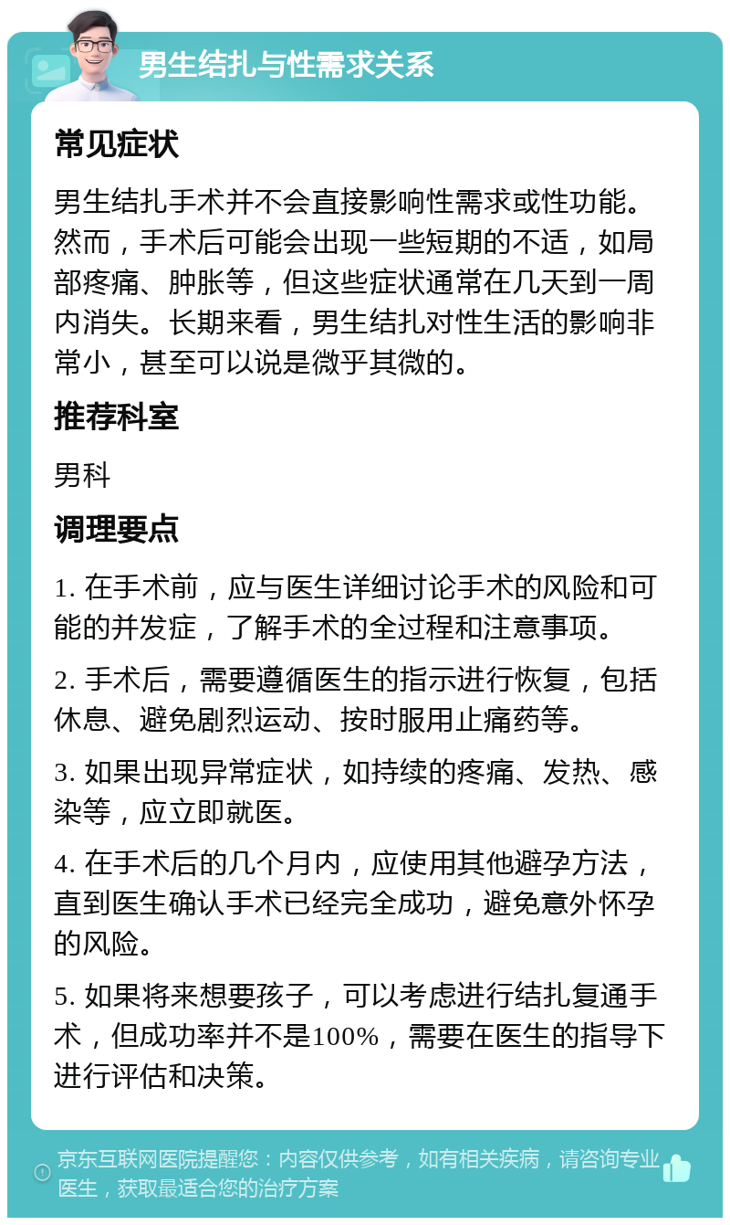 男生结扎与性需求关系 常见症状 男生结扎手术并不会直接影响性需求或性功能。然而，手术后可能会出现一些短期的不适，如局部疼痛、肿胀等，但这些症状通常在几天到一周内消失。长期来看，男生结扎对性生活的影响非常小，甚至可以说是微乎其微的。 推荐科室 男科 调理要点 1. 在手术前，应与医生详细讨论手术的风险和可能的并发症，了解手术的全过程和注意事项。 2. 手术后，需要遵循医生的指示进行恢复，包括休息、避免剧烈运动、按时服用止痛药等。 3. 如果出现异常症状，如持续的疼痛、发热、感染等，应立即就医。 4. 在手术后的几个月内，应使用其他避孕方法，直到医生确认手术已经完全成功，避免意外怀孕的风险。 5. 如果将来想要孩子，可以考虑进行结扎复通手术，但成功率并不是100%，需要在医生的指导下进行评估和决策。