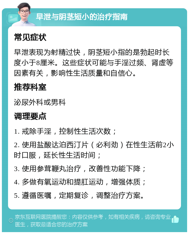 早泄与阴茎短小的治疗指南 常见症状 早泄表现为射精过快，阴茎短小指的是勃起时长度小于8厘米。这些症状可能与手淫过频、肾虚等因素有关，影响性生活质量和自信心。 推荐科室 泌尿外科或男科 调理要点 1. 戒除手淫，控制性生活次数； 2. 使用盐酸达泊西汀片（必利劲）在性生活前2小时口服，延长性生活时间； 3. 使用参茸鞭丸治疗，改善性功能下降； 4. 多做有氧运动和提肛运动，增强体质； 5. 遵循医嘱，定期复诊，调整治疗方案。