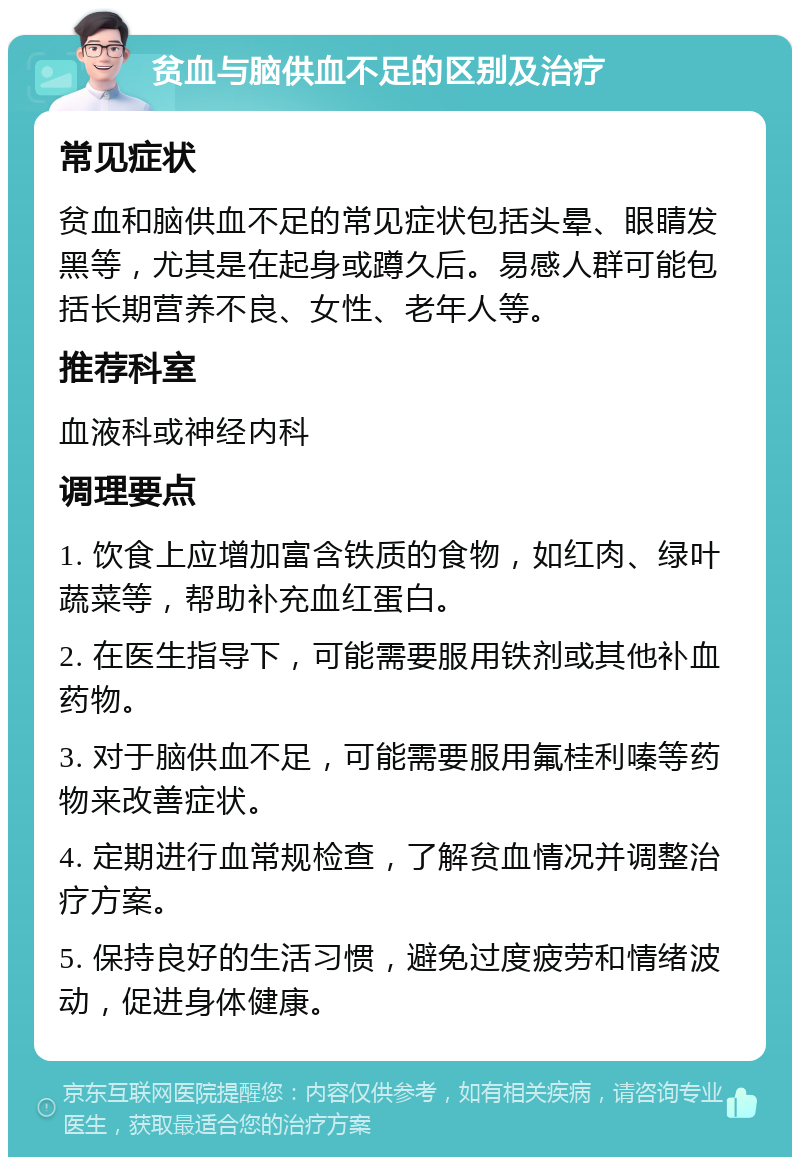 贫血与脑供血不足的区别及治疗 常见症状 贫血和脑供血不足的常见症状包括头晕、眼睛发黑等，尤其是在起身或蹲久后。易感人群可能包括长期营养不良、女性、老年人等。 推荐科室 血液科或神经内科 调理要点 1. 饮食上应增加富含铁质的食物，如红肉、绿叶蔬菜等，帮助补充血红蛋白。 2. 在医生指导下，可能需要服用铁剂或其他补血药物。 3. 对于脑供血不足，可能需要服用氟桂利嗪等药物来改善症状。 4. 定期进行血常规检查，了解贫血情况并调整治疗方案。 5. 保持良好的生活习惯，避免过度疲劳和情绪波动，促进身体健康。