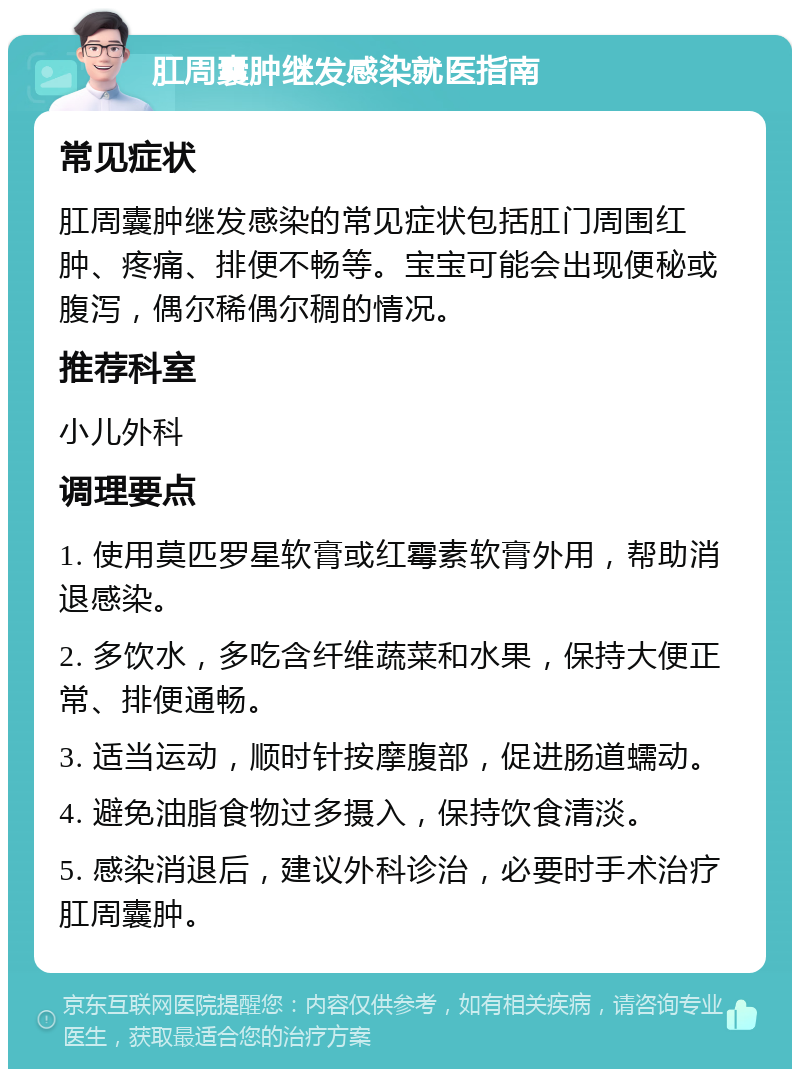 肛周囊肿继发感染就医指南 常见症状 肛周囊肿继发感染的常见症状包括肛门周围红肿、疼痛、排便不畅等。宝宝可能会出现便秘或腹泻，偶尔稀偶尔稠的情况。 推荐科室 小儿外科 调理要点 1. 使用莫匹罗星软膏或红霉素软膏外用，帮助消退感染。 2. 多饮水，多吃含纤维蔬菜和水果，保持大便正常、排便通畅。 3. 适当运动，顺时针按摩腹部，促进肠道蠕动。 4. 避免油脂食物过多摄入，保持饮食清淡。 5. 感染消退后，建议外科诊治，必要时手术治疗肛周囊肿。