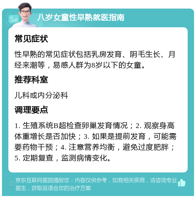 八岁女童性早熟就医指南 常见症状 性早熟的常见症状包括乳房发育、阴毛生长、月经来潮等，易感人群为8岁以下的女童。 推荐科室 儿科或内分泌科 调理要点 1. 生殖系统B超检查卵巢发育情况；2. 观察身高体重增长是否加快；3. 如果是提前发育，可能需要药物干预；4. 注意营养均衡，避免过度肥胖；5. 定期复查，监测病情变化。