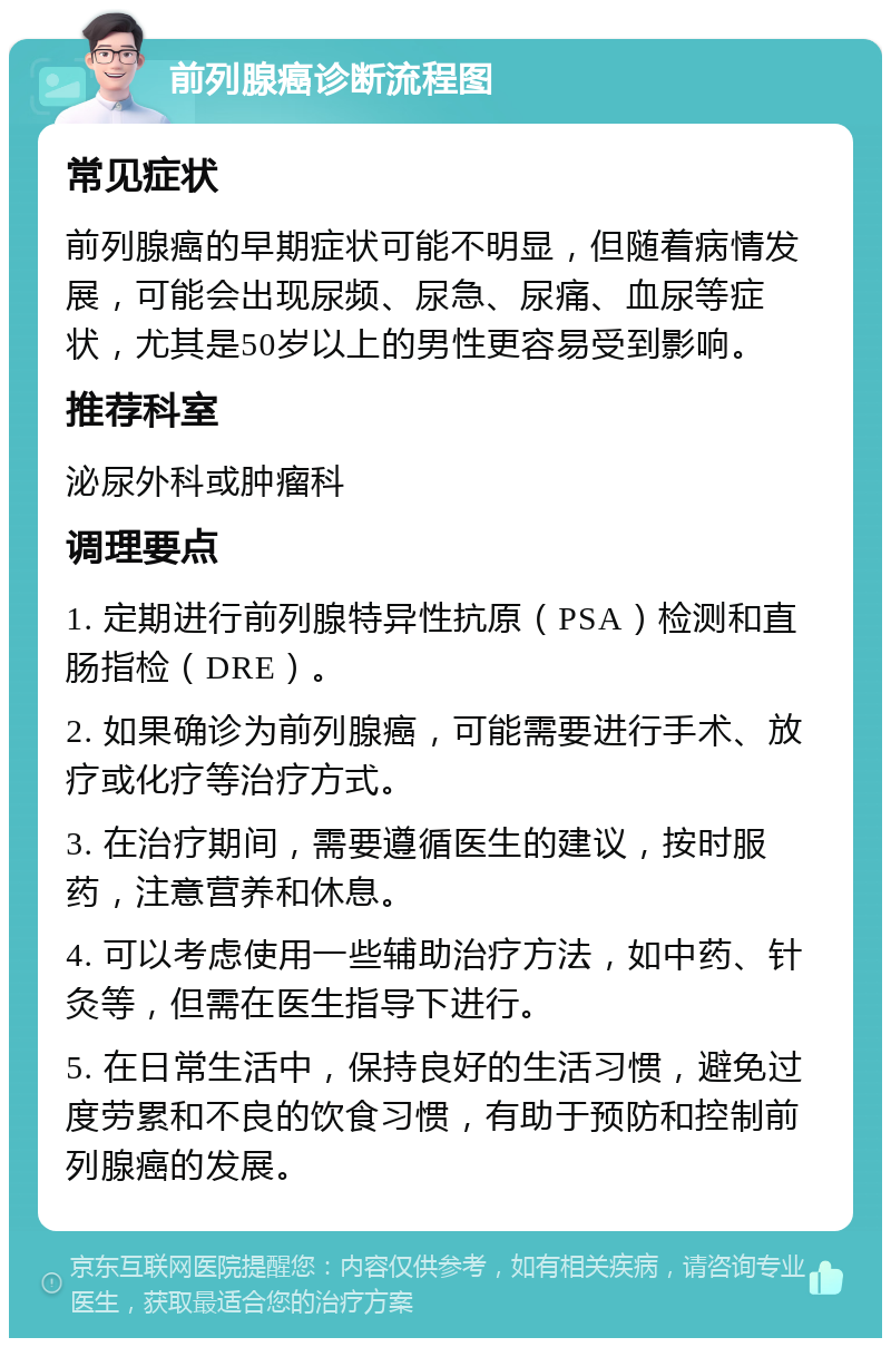 前列腺癌诊断流程图 常见症状 前列腺癌的早期症状可能不明显，但随着病情发展，可能会出现尿频、尿急、尿痛、血尿等症状，尤其是50岁以上的男性更容易受到影响。 推荐科室 泌尿外科或肿瘤科 调理要点 1. 定期进行前列腺特异性抗原（PSA）检测和直肠指检（DRE）。 2. 如果确诊为前列腺癌，可能需要进行手术、放疗或化疗等治疗方式。 3. 在治疗期间，需要遵循医生的建议，按时服药，注意营养和休息。 4. 可以考虑使用一些辅助治疗方法，如中药、针灸等，但需在医生指导下进行。 5. 在日常生活中，保持良好的生活习惯，避免过度劳累和不良的饮食习惯，有助于预防和控制前列腺癌的发展。