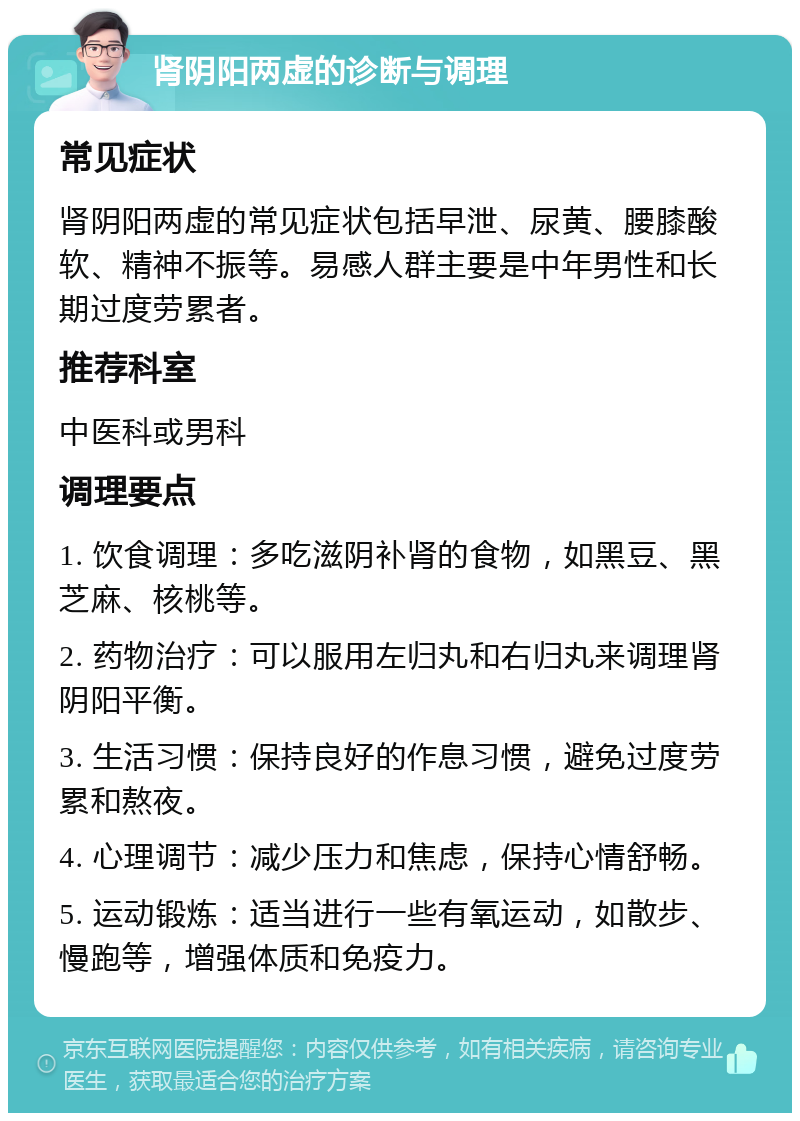 肾阴阳两虚的诊断与调理 常见症状 肾阴阳两虚的常见症状包括早泄、尿黄、腰膝酸软、精神不振等。易感人群主要是中年男性和长期过度劳累者。 推荐科室 中医科或男科 调理要点 1. 饮食调理：多吃滋阴补肾的食物，如黑豆、黑芝麻、核桃等。 2. 药物治疗：可以服用左归丸和右归丸来调理肾阴阳平衡。 3. 生活习惯：保持良好的作息习惯，避免过度劳累和熬夜。 4. 心理调节：减少压力和焦虑，保持心情舒畅。 5. 运动锻炼：适当进行一些有氧运动，如散步、慢跑等，增强体质和免疫力。