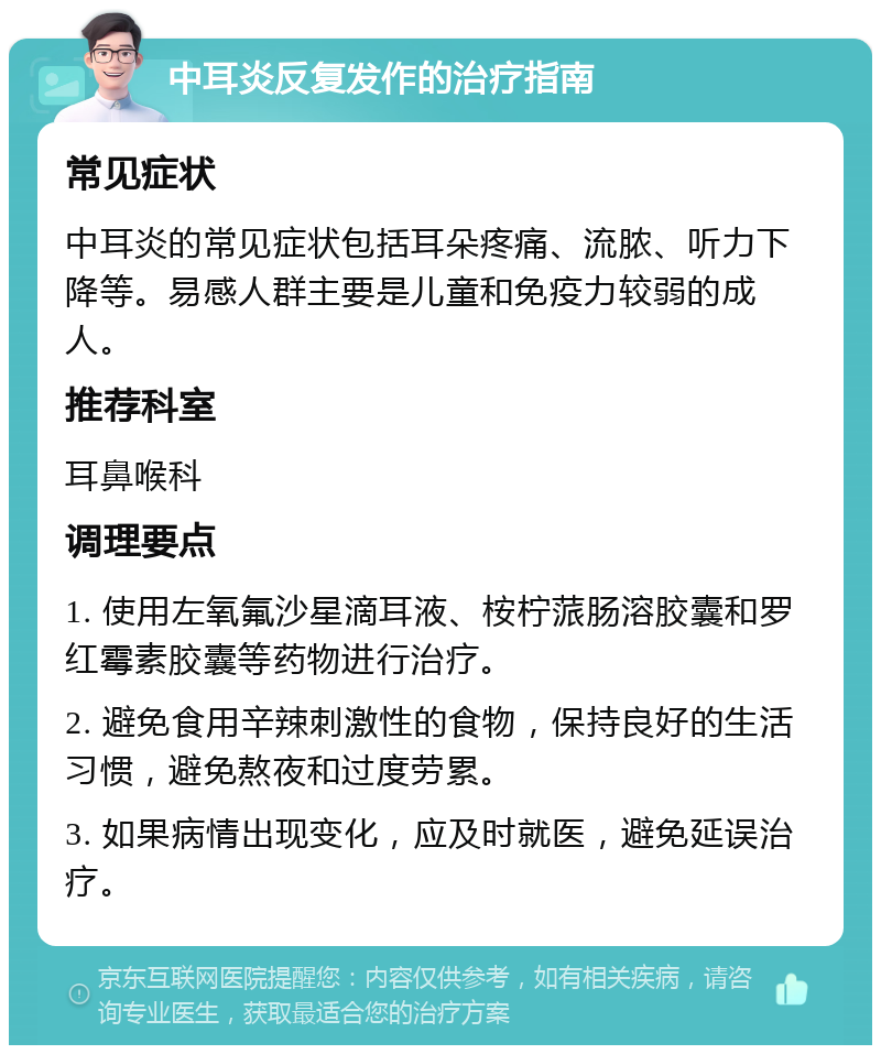 中耳炎反复发作的治疗指南 常见症状 中耳炎的常见症状包括耳朵疼痛、流脓、听力下降等。易感人群主要是儿童和免疫力较弱的成人。 推荐科室 耳鼻喉科 调理要点 1. 使用左氧氟沙星滴耳液、桉柠蒎肠溶胶囊和罗红霉素胶囊等药物进行治疗。 2. 避免食用辛辣刺激性的食物，保持良好的生活习惯，避免熬夜和过度劳累。 3. 如果病情出现变化，应及时就医，避免延误治疗。