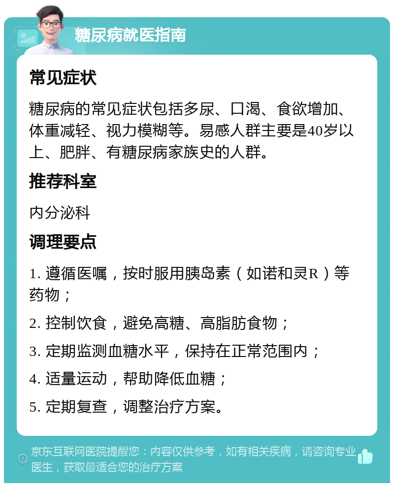 糖尿病就医指南 常见症状 糖尿病的常见症状包括多尿、口渴、食欲增加、体重减轻、视力模糊等。易感人群主要是40岁以上、肥胖、有糖尿病家族史的人群。 推荐科室 内分泌科 调理要点 1. 遵循医嘱，按时服用胰岛素（如诺和灵R）等药物； 2. 控制饮食，避免高糖、高脂肪食物； 3. 定期监测血糖水平，保持在正常范围内； 4. 适量运动，帮助降低血糖； 5. 定期复查，调整治疗方案。