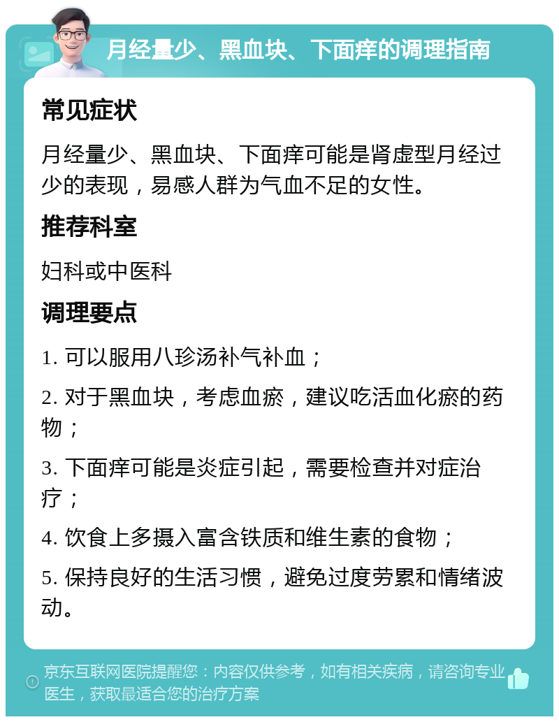 月经量少、黑血块、下面痒的调理指南 常见症状 月经量少、黑血块、下面痒可能是肾虚型月经过少的表现，易感人群为气血不足的女性。 推荐科室 妇科或中医科 调理要点 1. 可以服用八珍汤补气补血； 2. 对于黑血块，考虑血瘀，建议吃活血化瘀的药物； 3. 下面痒可能是炎症引起，需要检查并对症治疗； 4. 饮食上多摄入富含铁质和维生素的食物； 5. 保持良好的生活习惯，避免过度劳累和情绪波动。