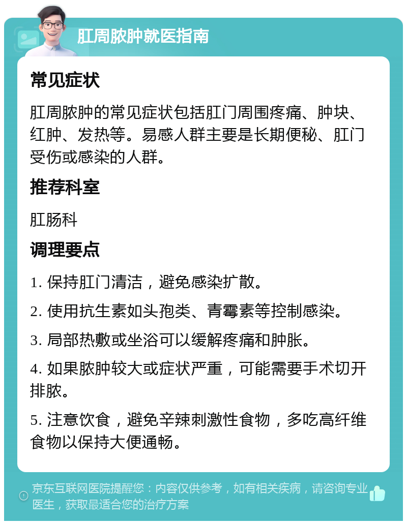 肛周脓肿就医指南 常见症状 肛周脓肿的常见症状包括肛门周围疼痛、肿块、红肿、发热等。易感人群主要是长期便秘、肛门受伤或感染的人群。 推荐科室 肛肠科 调理要点 1. 保持肛门清洁，避免感染扩散。 2. 使用抗生素如头孢类、青霉素等控制感染。 3. 局部热敷或坐浴可以缓解疼痛和肿胀。 4. 如果脓肿较大或症状严重，可能需要手术切开排脓。 5. 注意饮食，避免辛辣刺激性食物，多吃高纤维食物以保持大便通畅。