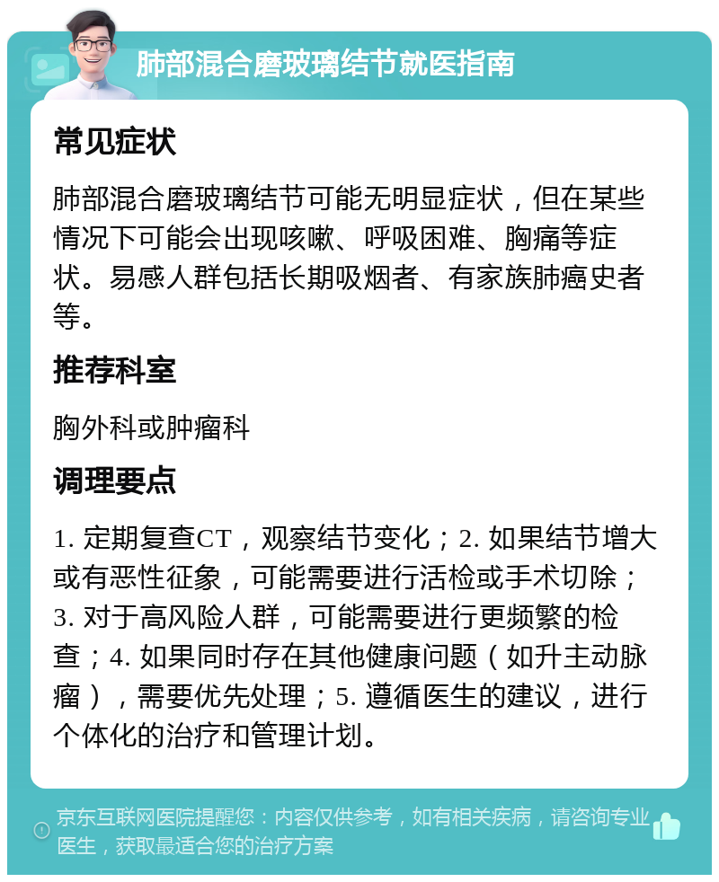 肺部混合磨玻璃结节就医指南 常见症状 肺部混合磨玻璃结节可能无明显症状，但在某些情况下可能会出现咳嗽、呼吸困难、胸痛等症状。易感人群包括长期吸烟者、有家族肺癌史者等。 推荐科室 胸外科或肿瘤科 调理要点 1. 定期复查CT，观察结节变化；2. 如果结节增大或有恶性征象，可能需要进行活检或手术切除；3. 对于高风险人群，可能需要进行更频繁的检查；4. 如果同时存在其他健康问题（如升主动脉瘤），需要优先处理；5. 遵循医生的建议，进行个体化的治疗和管理计划。