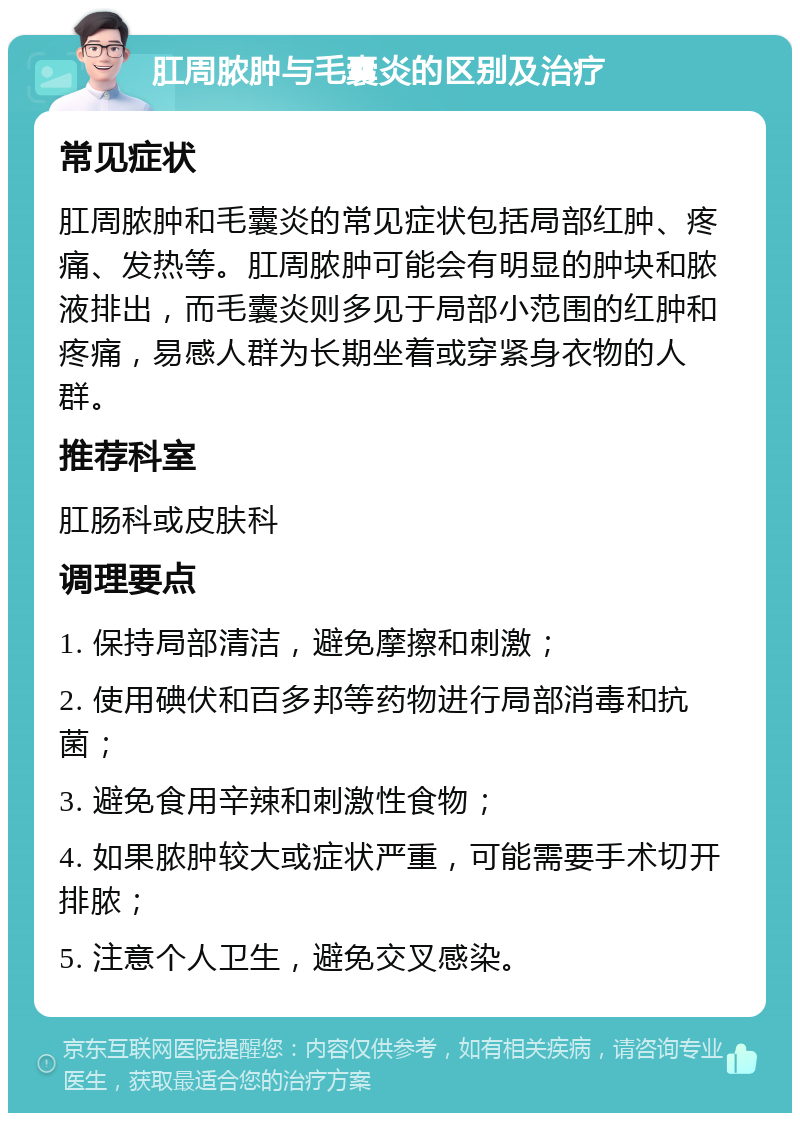 肛周脓肿与毛囊炎的区别及治疗 常见症状 肛周脓肿和毛囊炎的常见症状包括局部红肿、疼痛、发热等。肛周脓肿可能会有明显的肿块和脓液排出，而毛囊炎则多见于局部小范围的红肿和疼痛，易感人群为长期坐着或穿紧身衣物的人群。 推荐科室 肛肠科或皮肤科 调理要点 1. 保持局部清洁，避免摩擦和刺激； 2. 使用碘伏和百多邦等药物进行局部消毒和抗菌； 3. 避免食用辛辣和刺激性食物； 4. 如果脓肿较大或症状严重，可能需要手术切开排脓； 5. 注意个人卫生，避免交叉感染。