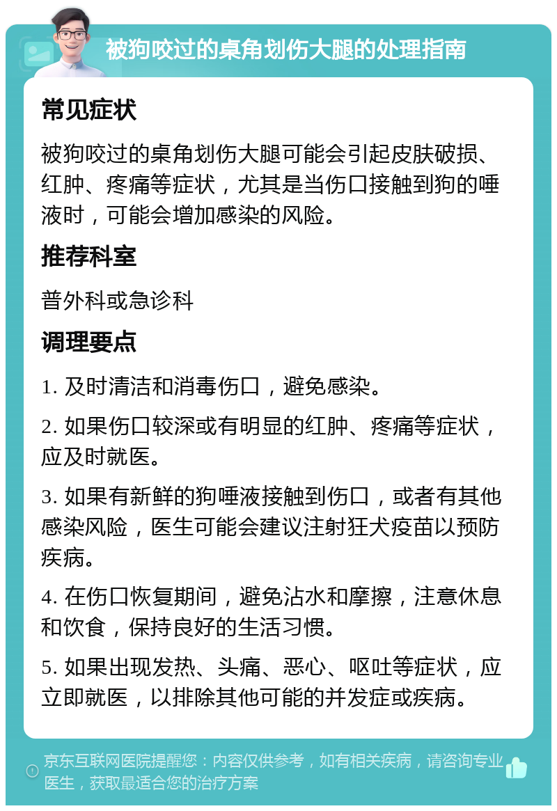 被狗咬过的桌角划伤大腿的处理指南 常见症状 被狗咬过的桌角划伤大腿可能会引起皮肤破损、红肿、疼痛等症状，尤其是当伤口接触到狗的唾液时，可能会增加感染的风险。 推荐科室 普外科或急诊科 调理要点 1. 及时清洁和消毒伤口，避免感染。 2. 如果伤口较深或有明显的红肿、疼痛等症状，应及时就医。 3. 如果有新鲜的狗唾液接触到伤口，或者有其他感染风险，医生可能会建议注射狂犬疫苗以预防疾病。 4. 在伤口恢复期间，避免沾水和摩擦，注意休息和饮食，保持良好的生活习惯。 5. 如果出现发热、头痛、恶心、呕吐等症状，应立即就医，以排除其他可能的并发症或疾病。