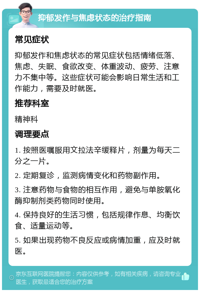 抑郁发作与焦虑状态的治疗指南 常见症状 抑郁发作和焦虑状态的常见症状包括情绪低落、焦虑、失眠、食欲改变、体重波动、疲劳、注意力不集中等。这些症状可能会影响日常生活和工作能力，需要及时就医。 推荐科室 精神科 调理要点 1. 按照医嘱服用文拉法辛缓释片，剂量为每天二分之一片。 2. 定期复诊，监测病情变化和药物副作用。 3. 注意药物与食物的相互作用，避免与单胺氧化酶抑制剂类药物同时使用。 4. 保持良好的生活习惯，包括规律作息、均衡饮食、适量运动等。 5. 如果出现药物不良反应或病情加重，应及时就医。