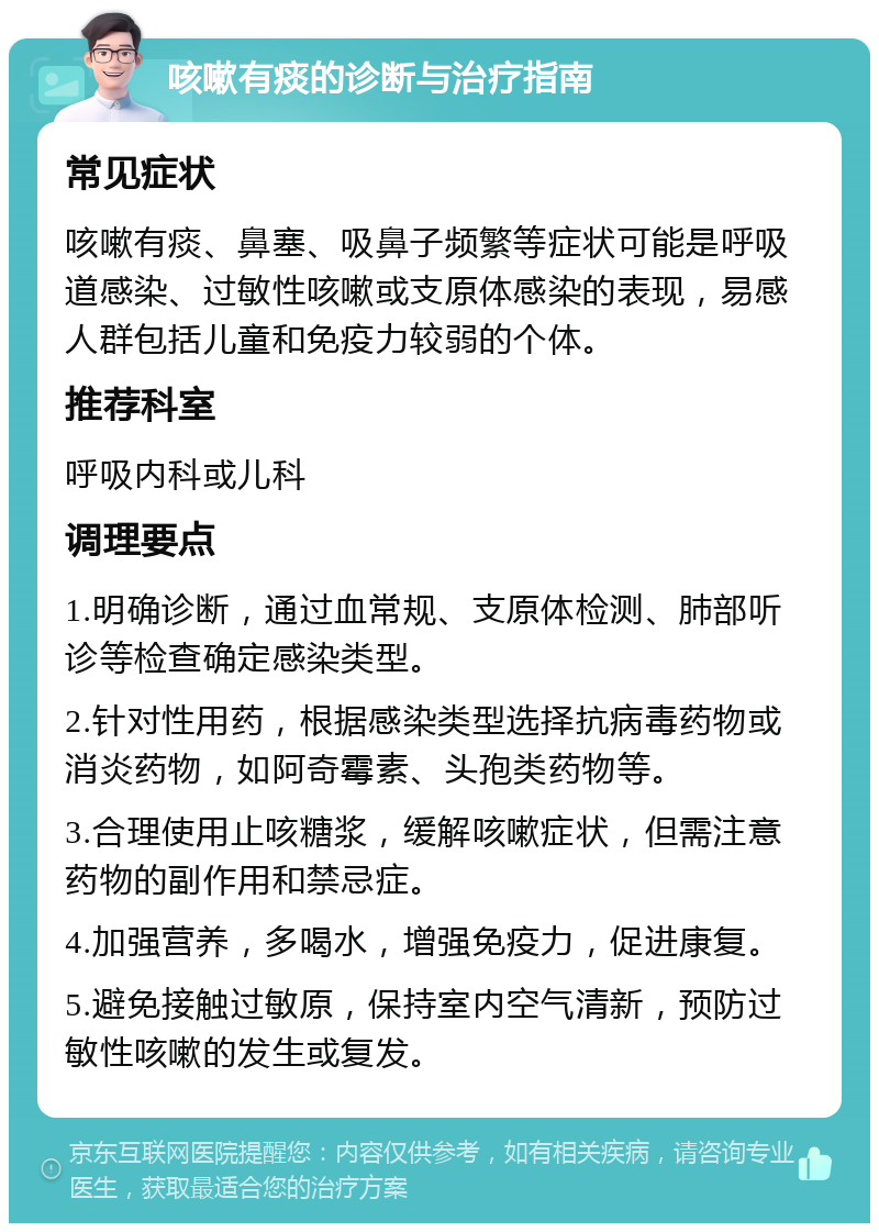 咳嗽有痰的诊断与治疗指南 常见症状 咳嗽有痰、鼻塞、吸鼻子频繁等症状可能是呼吸道感染、过敏性咳嗽或支原体感染的表现，易感人群包括儿童和免疫力较弱的个体。 推荐科室 呼吸内科或儿科 调理要点 1.明确诊断，通过血常规、支原体检测、肺部听诊等检查确定感染类型。 2.针对性用药，根据感染类型选择抗病毒药物或消炎药物，如阿奇霉素、头孢类药物等。 3.合理使用止咳糖浆，缓解咳嗽症状，但需注意药物的副作用和禁忌症。 4.加强营养，多喝水，增强免疫力，促进康复。 5.避免接触过敏原，保持室内空气清新，预防过敏性咳嗽的发生或复发。