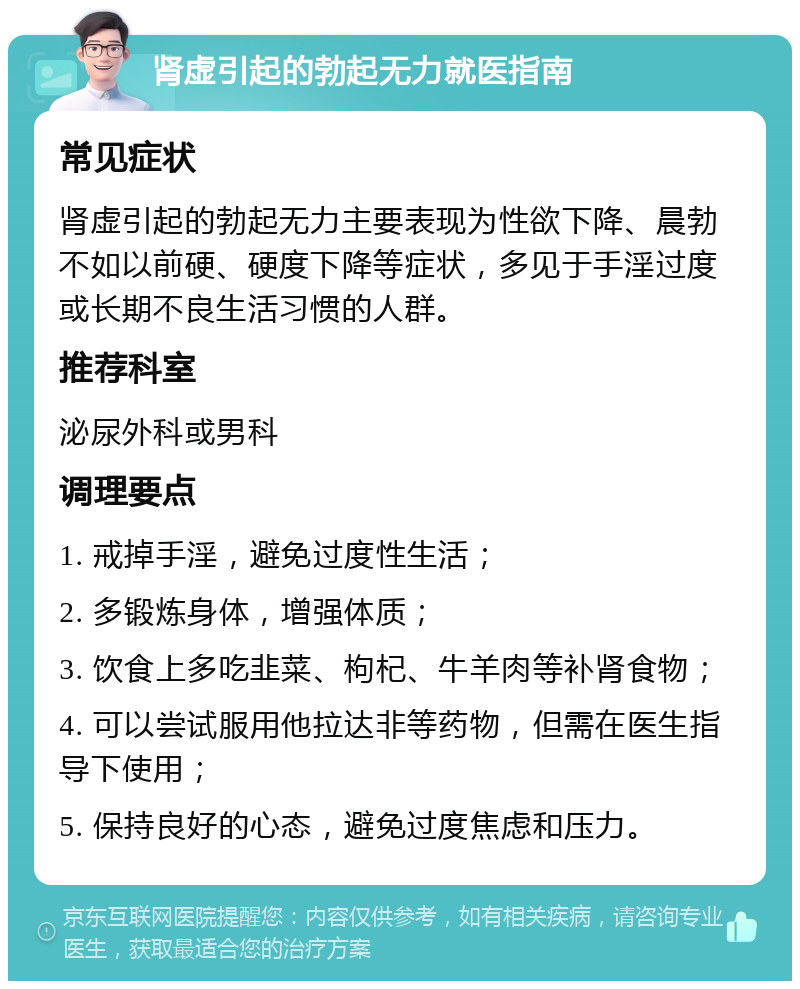 肾虚引起的勃起无力就医指南 常见症状 肾虚引起的勃起无力主要表现为性欲下降、晨勃不如以前硬、硬度下降等症状，多见于手淫过度或长期不良生活习惯的人群。 推荐科室 泌尿外科或男科 调理要点 1. 戒掉手淫，避免过度性生活； 2. 多锻炼身体，增强体质； 3. 饮食上多吃韭菜、枸杞、牛羊肉等补肾食物； 4. 可以尝试服用他拉达非等药物，但需在医生指导下使用； 5. 保持良好的心态，避免过度焦虑和压力。