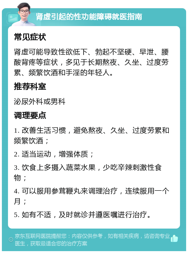 肾虚引起的性功能障碍就医指南 常见症状 肾虚可能导致性欲低下、勃起不坚硬、早泄、腰酸背疼等症状，多见于长期熬夜、久坐、过度劳累、频繁饮酒和手淫的年轻人。 推荐科室 泌尿外科或男科 调理要点 1. 改善生活习惯，避免熬夜、久坐、过度劳累和频繁饮酒； 2. 适当运动，增强体质； 3. 饮食上多摄入蔬菜水果，少吃辛辣刺激性食物； 4. 可以服用参茸鞭丸来调理治疗，连续服用一个月； 5. 如有不适，及时就诊并遵医嘱进行治疗。