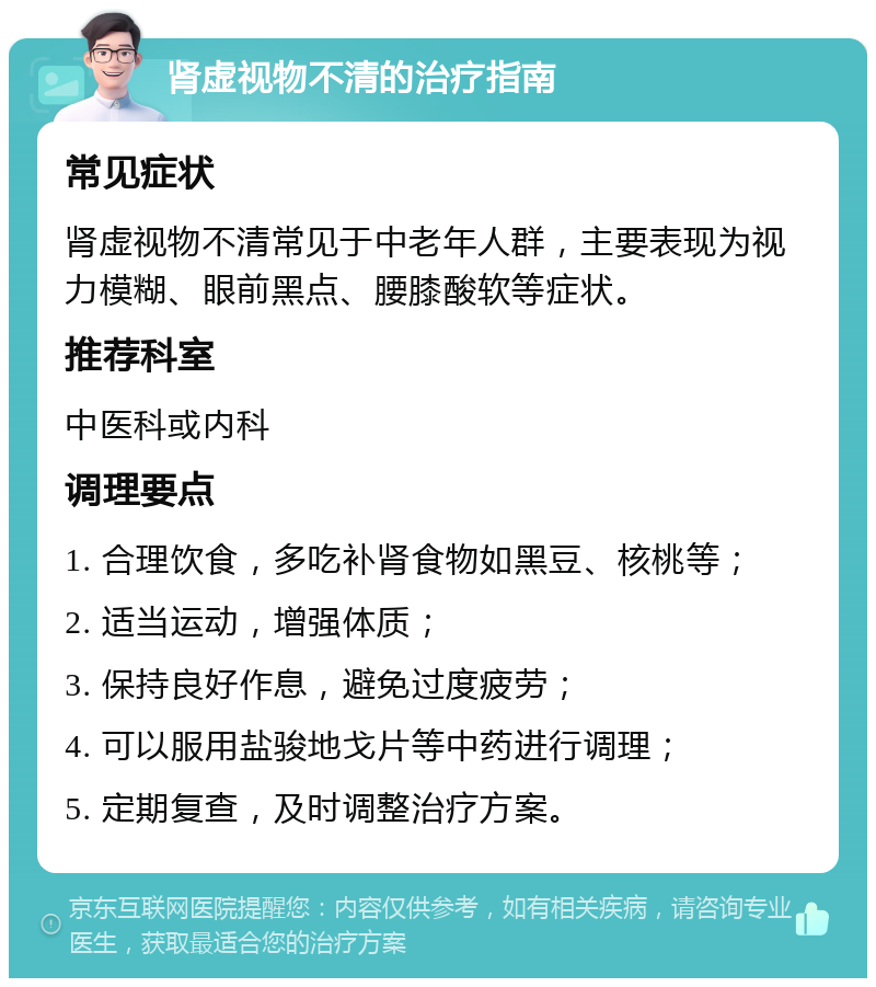 肾虚视物不清的治疗指南 常见症状 肾虚视物不清常见于中老年人群，主要表现为视力模糊、眼前黑点、腰膝酸软等症状。 推荐科室 中医科或内科 调理要点 1. 合理饮食，多吃补肾食物如黑豆、核桃等； 2. 适当运动，增强体质； 3. 保持良好作息，避免过度疲劳； 4. 可以服用盐骏地戈片等中药进行调理； 5. 定期复查，及时调整治疗方案。