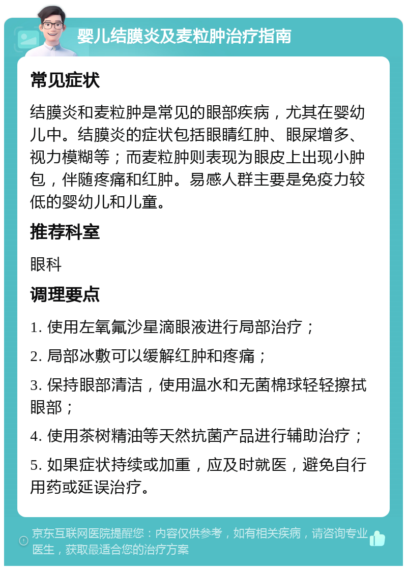 婴儿结膜炎及麦粒肿治疗指南 常见症状 结膜炎和麦粒肿是常见的眼部疾病，尤其在婴幼儿中。结膜炎的症状包括眼睛红肿、眼屎增多、视力模糊等；而麦粒肿则表现为眼皮上出现小肿包，伴随疼痛和红肿。易感人群主要是免疫力较低的婴幼儿和儿童。 推荐科室 眼科 调理要点 1. 使用左氧氟沙星滴眼液进行局部治疗； 2. 局部冰敷可以缓解红肿和疼痛； 3. 保持眼部清洁，使用温水和无菌棉球轻轻擦拭眼部； 4. 使用茶树精油等天然抗菌产品进行辅助治疗； 5. 如果症状持续或加重，应及时就医，避免自行用药或延误治疗。