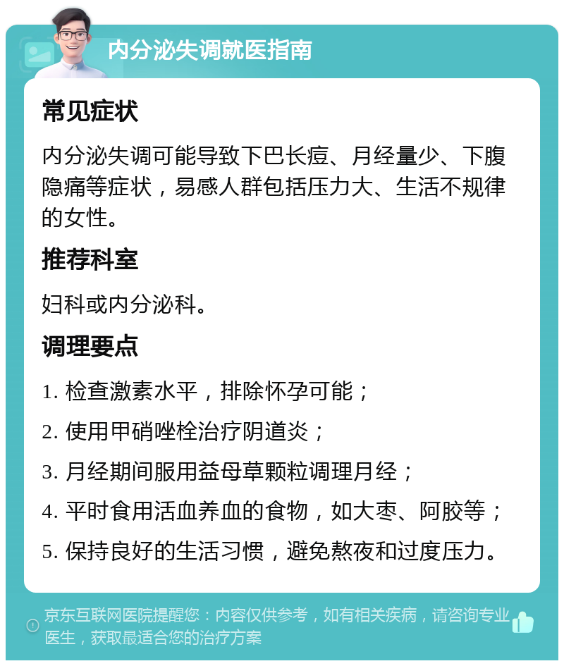 内分泌失调就医指南 常见症状 内分泌失调可能导致下巴长痘、月经量少、下腹隐痛等症状，易感人群包括压力大、生活不规律的女性。 推荐科室 妇科或内分泌科。 调理要点 1. 检查激素水平，排除怀孕可能； 2. 使用甲硝唑栓治疗阴道炎； 3. 月经期间服用益母草颗粒调理月经； 4. 平时食用活血养血的食物，如大枣、阿胶等； 5. 保持良好的生活习惯，避免熬夜和过度压力。