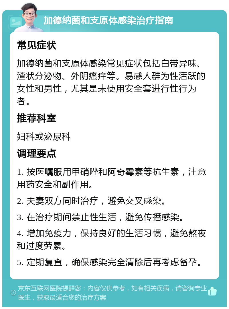 加德纳菌和支原体感染治疗指南 常见症状 加德纳菌和支原体感染常见症状包括白带异味、渣状分泌物、外阴瘙痒等。易感人群为性活跃的女性和男性，尤其是未使用安全套进行性行为者。 推荐科室 妇科或泌尿科 调理要点 1. 按医嘱服用甲硝唑和阿奇霉素等抗生素，注意用药安全和副作用。 2. 夫妻双方同时治疗，避免交叉感染。 3. 在治疗期间禁止性生活，避免传播感染。 4. 增加免疫力，保持良好的生活习惯，避免熬夜和过度劳累。 5. 定期复查，确保感染完全清除后再考虑备孕。