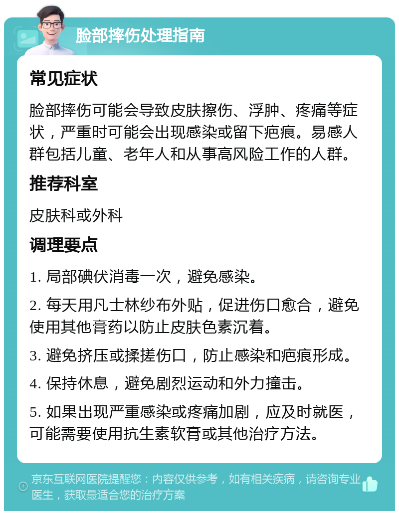 脸部摔伤处理指南 常见症状 脸部摔伤可能会导致皮肤擦伤、浮肿、疼痛等症状，严重时可能会出现感染或留下疤痕。易感人群包括儿童、老年人和从事高风险工作的人群。 推荐科室 皮肤科或外科 调理要点 1. 局部碘伏消毒一次，避免感染。 2. 每天用凡士林纱布外贴，促进伤口愈合，避免使用其他膏药以防止皮肤色素沉着。 3. 避免挤压或揉搓伤口，防止感染和疤痕形成。 4. 保持休息，避免剧烈运动和外力撞击。 5. 如果出现严重感染或疼痛加剧，应及时就医，可能需要使用抗生素软膏或其他治疗方法。