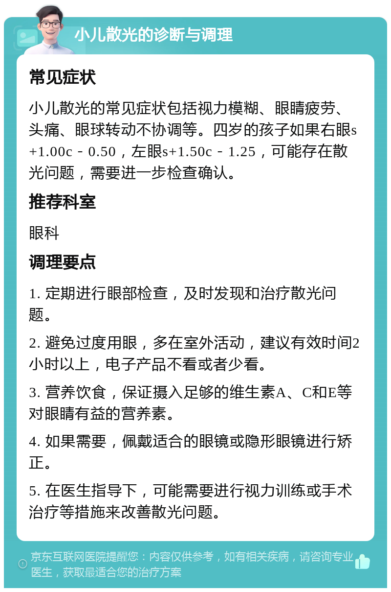 小儿散光的诊断与调理 常见症状 小儿散光的常见症状包括视力模糊、眼睛疲劳、头痛、眼球转动不协调等。四岁的孩子如果右眼s+1.00c－0.50，左眼s+1.50c－1.25，可能存在散光问题，需要进一步检查确认。 推荐科室 眼科 调理要点 1. 定期进行眼部检查，及时发现和治疗散光问题。 2. 避免过度用眼，多在室外活动，建议有效时间2小时以上，电子产品不看或者少看。 3. 营养饮食，保证摄入足够的维生素A、C和E等对眼睛有益的营养素。 4. 如果需要，佩戴适合的眼镜或隐形眼镜进行矫正。 5. 在医生指导下，可能需要进行视力训练或手术治疗等措施来改善散光问题。