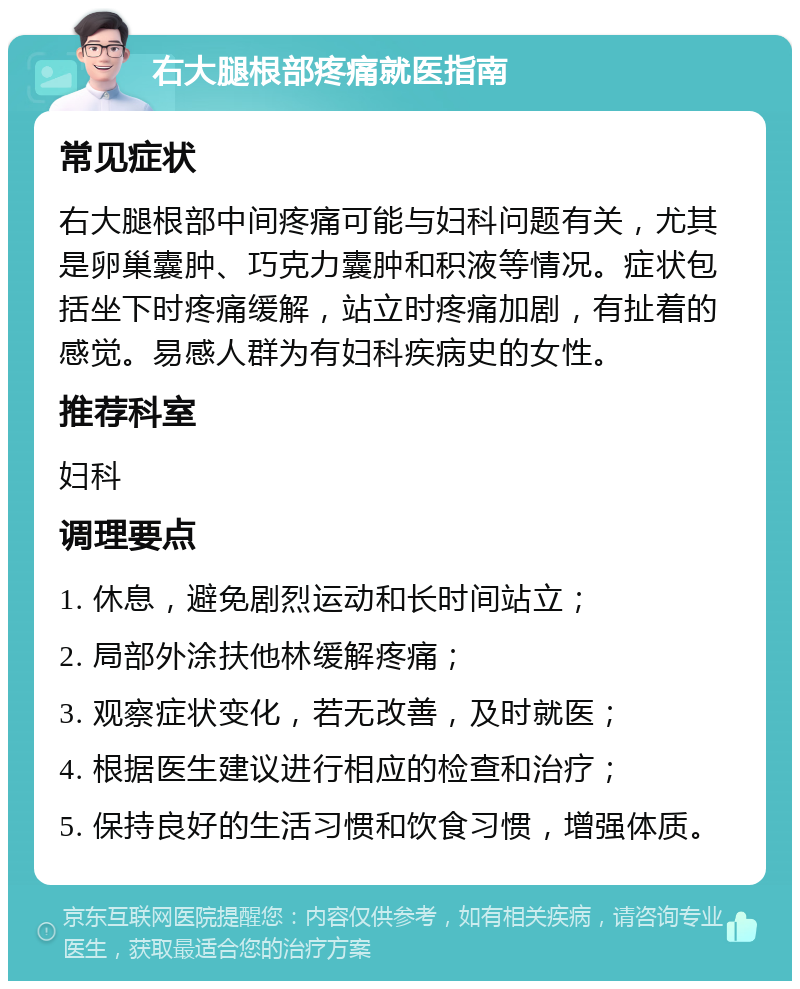 右大腿根部疼痛就医指南 常见症状 右大腿根部中间疼痛可能与妇科问题有关，尤其是卵巢囊肿、巧克力囊肿和积液等情况。症状包括坐下时疼痛缓解，站立时疼痛加剧，有扯着的感觉。易感人群为有妇科疾病史的女性。 推荐科室 妇科 调理要点 1. 休息，避免剧烈运动和长时间站立； 2. 局部外涂扶他林缓解疼痛； 3. 观察症状变化，若无改善，及时就医； 4. 根据医生建议进行相应的检查和治疗； 5. 保持良好的生活习惯和饮食习惯，增强体质。