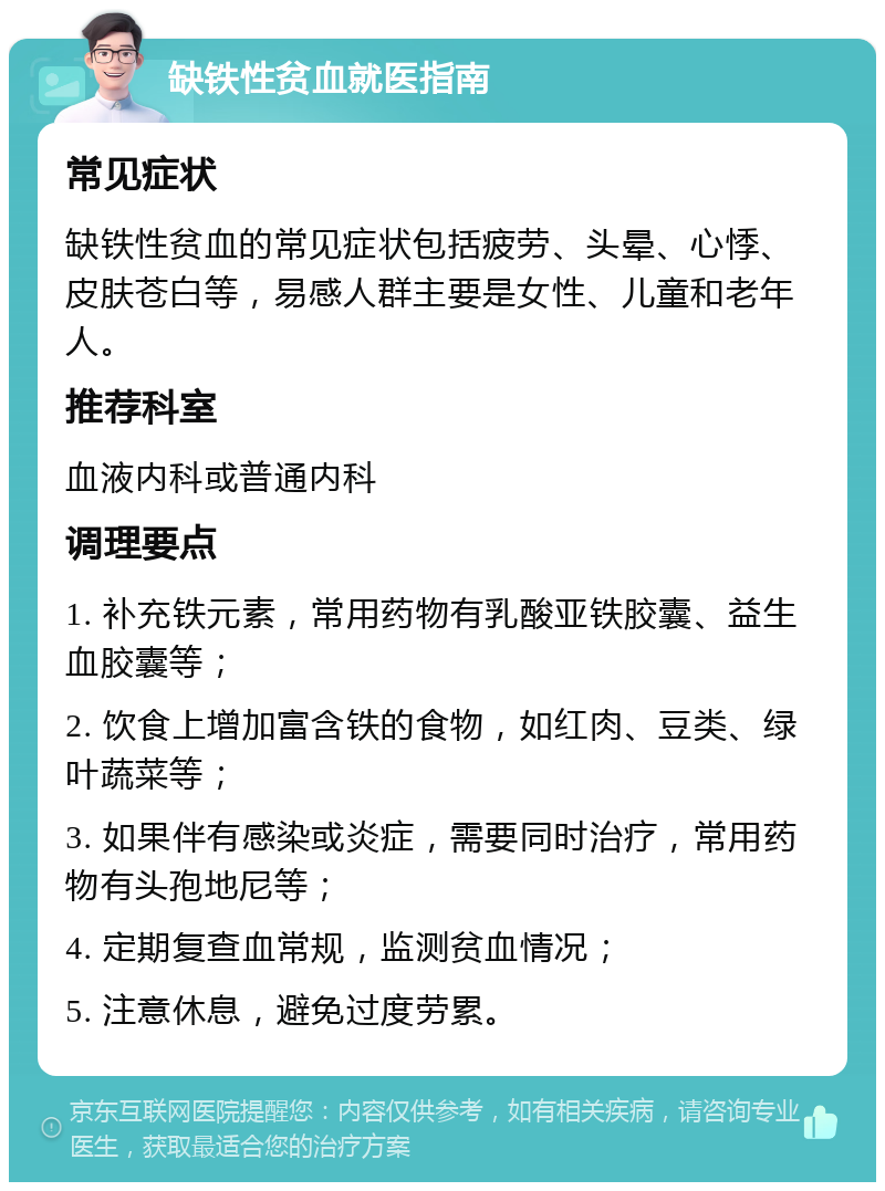 缺铁性贫血就医指南 常见症状 缺铁性贫血的常见症状包括疲劳、头晕、心悸、皮肤苍白等，易感人群主要是女性、儿童和老年人。 推荐科室 血液内科或普通内科 调理要点 1. 补充铁元素，常用药物有乳酸亚铁胶囊、益生血胶囊等； 2. 饮食上增加富含铁的食物，如红肉、豆类、绿叶蔬菜等； 3. 如果伴有感染或炎症，需要同时治疗，常用药物有头孢地尼等； 4. 定期复查血常规，监测贫血情况； 5. 注意休息，避免过度劳累。