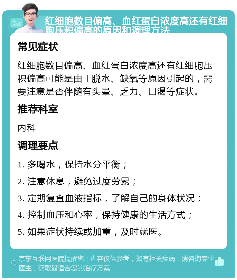 红细胞数目偏高、血红蛋白浓度高还有红细胞压积偏高的原因和调理方法 常见症状 红细胞数目偏高、血红蛋白浓度高还有红细胞压积偏高可能是由于脱水、缺氧等原因引起的，需要注意是否伴随有头晕、乏力、口渴等症状。 推荐科室 内科 调理要点 1. 多喝水，保持水分平衡； 2. 注意休息，避免过度劳累； 3. 定期复查血液指标，了解自己的身体状况； 4. 控制血压和心率，保持健康的生活方式； 5. 如果症状持续或加重，及时就医。