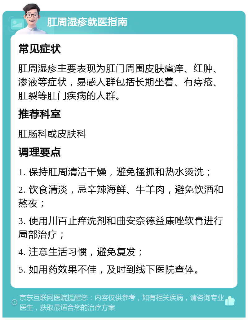 肛周湿疹就医指南 常见症状 肛周湿疹主要表现为肛门周围皮肤瘙痒、红肿、渗液等症状，易感人群包括长期坐着、有痔疮、肛裂等肛门疾病的人群。 推荐科室 肛肠科或皮肤科 调理要点 1. 保持肛周清洁干燥，避免搔抓和热水烫洗； 2. 饮食清淡，忌辛辣海鲜、牛羊肉，避免饮酒和熬夜； 3. 使用川百止痒洗剂和曲安奈德益康唑软膏进行局部治疗； 4. 注意生活习惯，避免复发； 5. 如用药效果不佳，及时到线下医院查体。