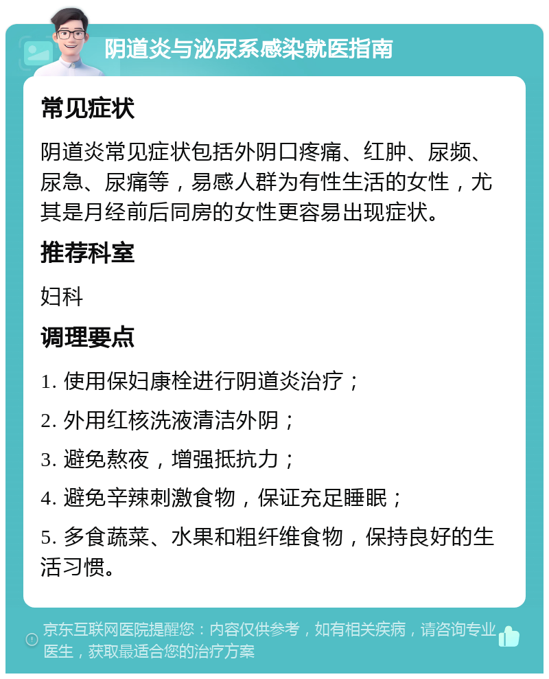 阴道炎与泌尿系感染就医指南 常见症状 阴道炎常见症状包括外阴口疼痛、红肿、尿频、尿急、尿痛等，易感人群为有性生活的女性，尤其是月经前后同房的女性更容易出现症状。 推荐科室 妇科 调理要点 1. 使用保妇康栓进行阴道炎治疗； 2. 外用红核洗液清洁外阴； 3. 避免熬夜，增强抵抗力； 4. 避免辛辣刺激食物，保证充足睡眠； 5. 多食蔬菜、水果和粗纤维食物，保持良好的生活习惯。