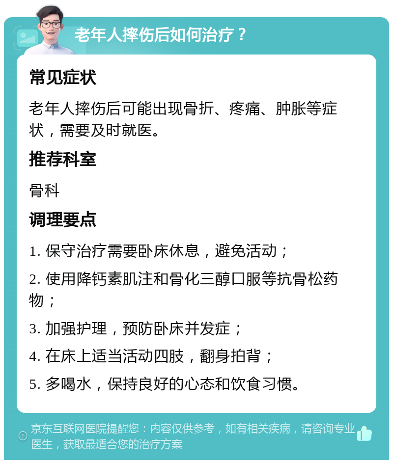 老年人摔伤后如何治疗？ 常见症状 老年人摔伤后可能出现骨折、疼痛、肿胀等症状，需要及时就医。 推荐科室 骨科 调理要点 1. 保守治疗需要卧床休息，避免活动； 2. 使用降钙素肌注和骨化三醇口服等抗骨松药物； 3. 加强护理，预防卧床并发症； 4. 在床上适当活动四肢，翻身拍背； 5. 多喝水，保持良好的心态和饮食习惯。