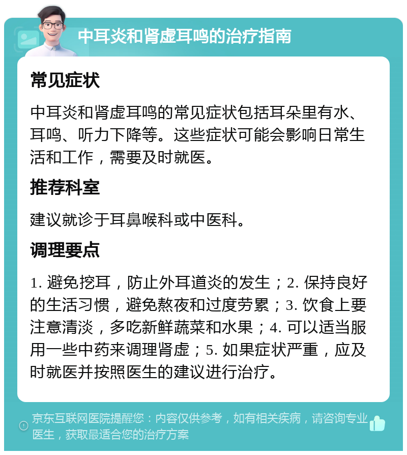 中耳炎和肾虚耳鸣的治疗指南 常见症状 中耳炎和肾虚耳鸣的常见症状包括耳朵里有水、耳鸣、听力下降等。这些症状可能会影响日常生活和工作，需要及时就医。 推荐科室 建议就诊于耳鼻喉科或中医科。 调理要点 1. 避免挖耳，防止外耳道炎的发生；2. 保持良好的生活习惯，避免熬夜和过度劳累；3. 饮食上要注意清淡，多吃新鲜蔬菜和水果；4. 可以适当服用一些中药来调理肾虚；5. 如果症状严重，应及时就医并按照医生的建议进行治疗。