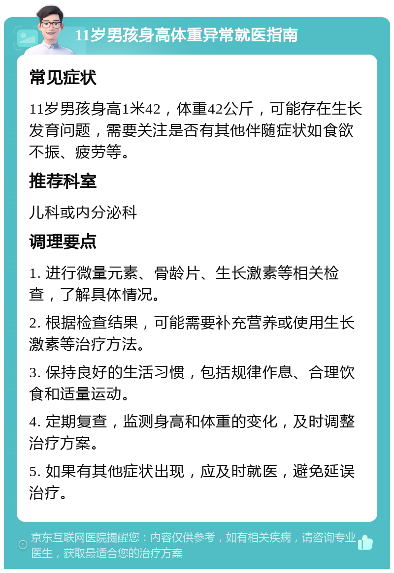 11岁男孩身高体重异常就医指南 常见症状 11岁男孩身高1米42，体重42公斤，可能存在生长发育问题，需要关注是否有其他伴随症状如食欲不振、疲劳等。 推荐科室 儿科或内分泌科 调理要点 1. 进行微量元素、骨龄片、生长激素等相关检查，了解具体情况。 2. 根据检查结果，可能需要补充营养或使用生长激素等治疗方法。 3. 保持良好的生活习惯，包括规律作息、合理饮食和适量运动。 4. 定期复查，监测身高和体重的变化，及时调整治疗方案。 5. 如果有其他症状出现，应及时就医，避免延误治疗。