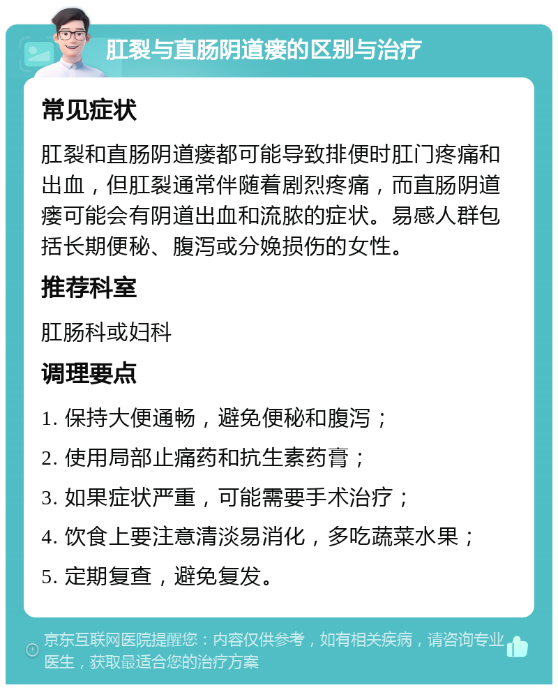 肛裂与直肠阴道瘘的区别与治疗 常见症状 肛裂和直肠阴道瘘都可能导致排便时肛门疼痛和出血，但肛裂通常伴随着剧烈疼痛，而直肠阴道瘘可能会有阴道出血和流脓的症状。易感人群包括长期便秘、腹泻或分娩损伤的女性。 推荐科室 肛肠科或妇科 调理要点 1. 保持大便通畅，避免便秘和腹泻； 2. 使用局部止痛药和抗生素药膏； 3. 如果症状严重，可能需要手术治疗； 4. 饮食上要注意清淡易消化，多吃蔬菜水果； 5. 定期复查，避免复发。