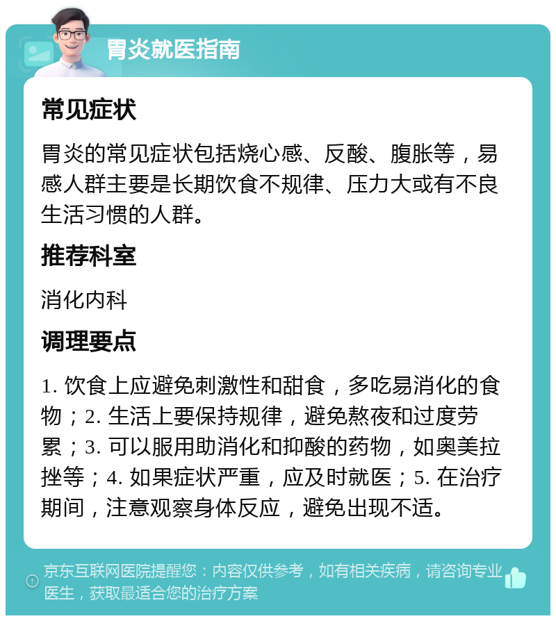 胃炎就医指南 常见症状 胃炎的常见症状包括烧心感、反酸、腹胀等，易感人群主要是长期饮食不规律、压力大或有不良生活习惯的人群。 推荐科室 消化内科 调理要点 1. 饮食上应避免刺激性和甜食，多吃易消化的食物；2. 生活上要保持规律，避免熬夜和过度劳累；3. 可以服用助消化和抑酸的药物，如奥美拉挫等；4. 如果症状严重，应及时就医；5. 在治疗期间，注意观察身体反应，避免出现不适。