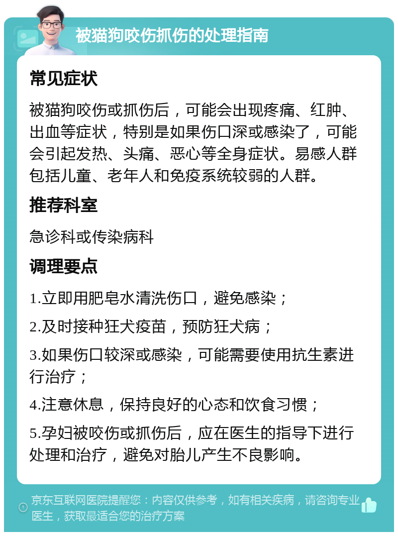 被猫狗咬伤抓伤的处理指南 常见症状 被猫狗咬伤或抓伤后，可能会出现疼痛、红肿、出血等症状，特别是如果伤口深或感染了，可能会引起发热、头痛、恶心等全身症状。易感人群包括儿童、老年人和免疫系统较弱的人群。 推荐科室 急诊科或传染病科 调理要点 1.立即用肥皂水清洗伤口，避免感染； 2.及时接种狂犬疫苗，预防狂犬病； 3.如果伤口较深或感染，可能需要使用抗生素进行治疗； 4.注意休息，保持良好的心态和饮食习惯； 5.孕妇被咬伤或抓伤后，应在医生的指导下进行处理和治疗，避免对胎儿产生不良影响。