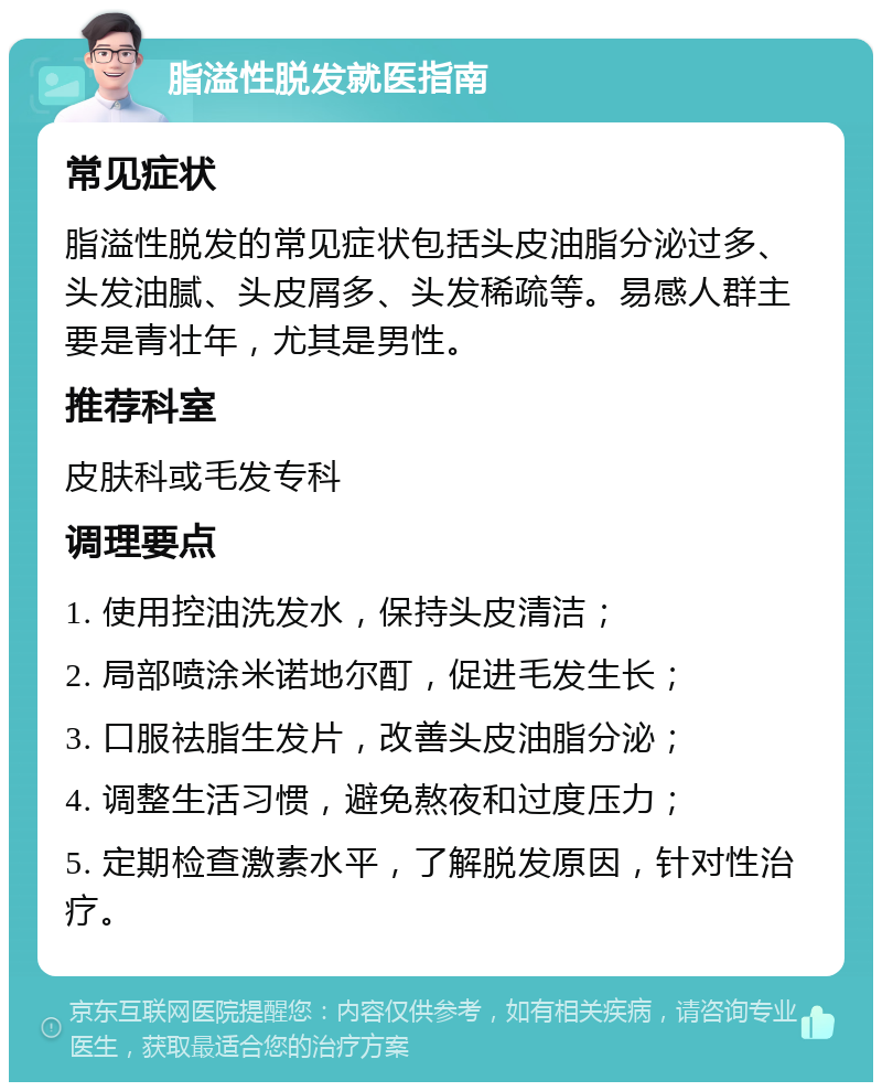 脂溢性脱发就医指南 常见症状 脂溢性脱发的常见症状包括头皮油脂分泌过多、头发油腻、头皮屑多、头发稀疏等。易感人群主要是青壮年，尤其是男性。 推荐科室 皮肤科或毛发专科 调理要点 1. 使用控油洗发水，保持头皮清洁； 2. 局部喷涂米诺地尔酊，促进毛发生长； 3. 口服祛脂生发片，改善头皮油脂分泌； 4. 调整生活习惯，避免熬夜和过度压力； 5. 定期检查激素水平，了解脱发原因，针对性治疗。