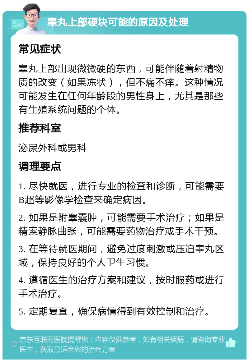 睾丸上部硬块可能的原因及处理 常见症状 睾丸上部出现微微硬的东西，可能伴随着射精物质的改变（如果冻状），但不痛不痒。这种情况可能发生在任何年龄段的男性身上，尤其是那些有生殖系统问题的个体。 推荐科室 泌尿外科或男科 调理要点 1. 尽快就医，进行专业的检查和诊断，可能需要B超等影像学检查来确定病因。 2. 如果是附睾囊肿，可能需要手术治疗；如果是精索静脉曲张，可能需要药物治疗或手术干预。 3. 在等待就医期间，避免过度刺激或压迫睾丸区域，保持良好的个人卫生习惯。 4. 遵循医生的治疗方案和建议，按时服药或进行手术治疗。 5. 定期复查，确保病情得到有效控制和治疗。