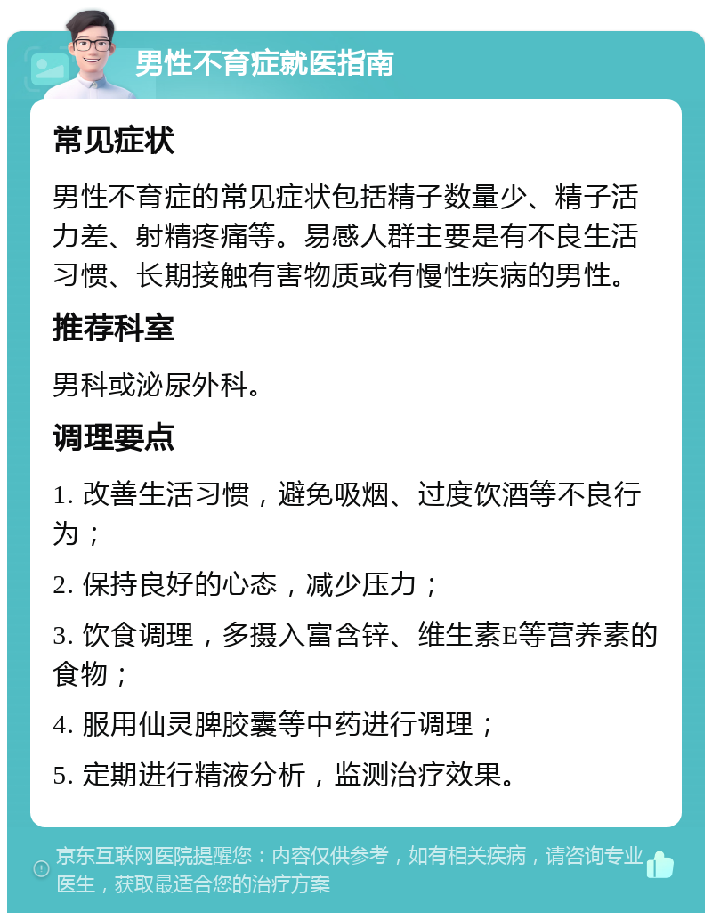 男性不育症就医指南 常见症状 男性不育症的常见症状包括精子数量少、精子活力差、射精疼痛等。易感人群主要是有不良生活习惯、长期接触有害物质或有慢性疾病的男性。 推荐科室 男科或泌尿外科。 调理要点 1. 改善生活习惯，避免吸烟、过度饮酒等不良行为； 2. 保持良好的心态，减少压力； 3. 饮食调理，多摄入富含锌、维生素E等营养素的食物； 4. 服用仙灵脾胶囊等中药进行调理； 5. 定期进行精液分析，监测治疗效果。