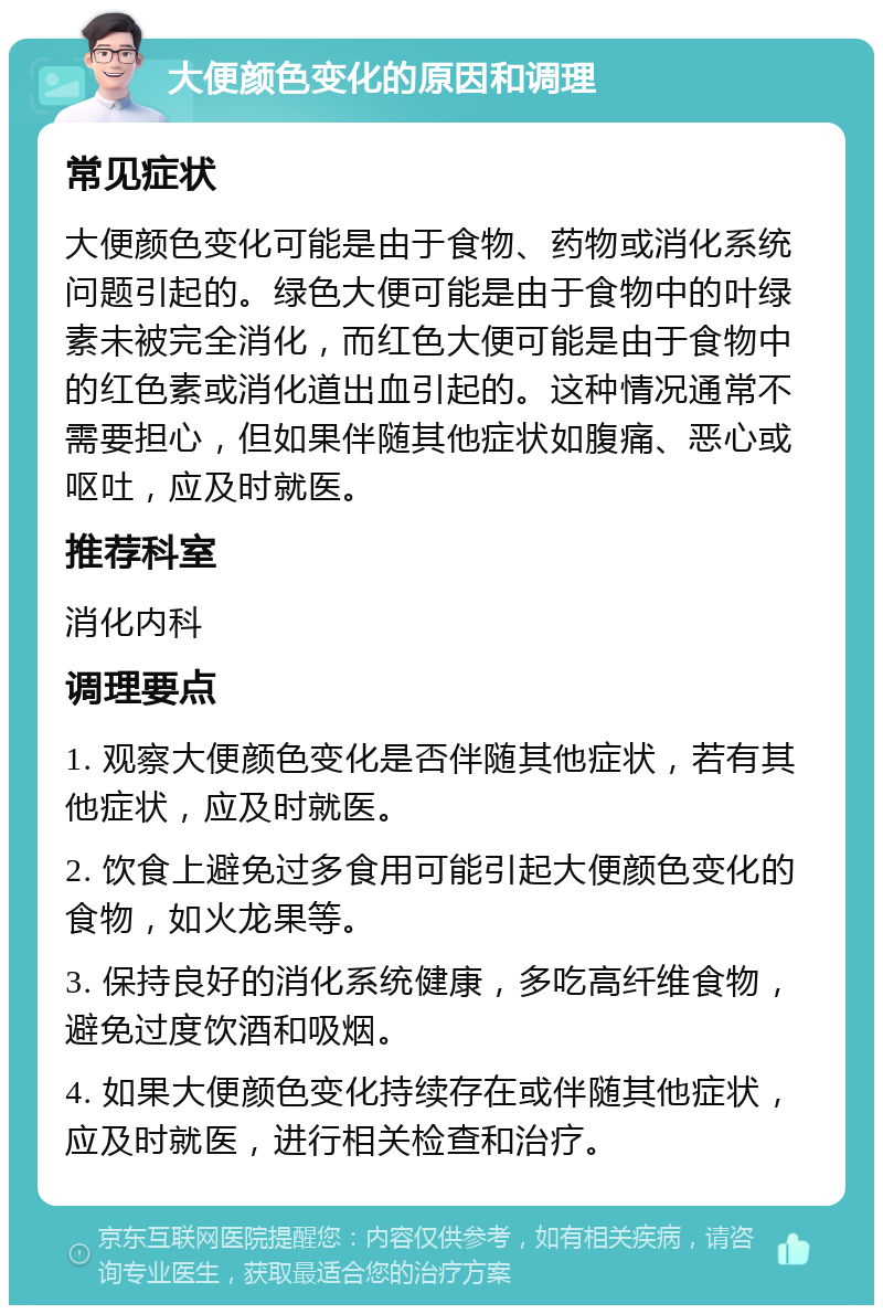 大便颜色变化的原因和调理 常见症状 大便颜色变化可能是由于食物、药物或消化系统问题引起的。绿色大便可能是由于食物中的叶绿素未被完全消化，而红色大便可能是由于食物中的红色素或消化道出血引起的。这种情况通常不需要担心，但如果伴随其他症状如腹痛、恶心或呕吐，应及时就医。 推荐科室 消化内科 调理要点 1. 观察大便颜色变化是否伴随其他症状，若有其他症状，应及时就医。 2. 饮食上避免过多食用可能引起大便颜色变化的食物，如火龙果等。 3. 保持良好的消化系统健康，多吃高纤维食物，避免过度饮酒和吸烟。 4. 如果大便颜色变化持续存在或伴随其他症状，应及时就医，进行相关检查和治疗。