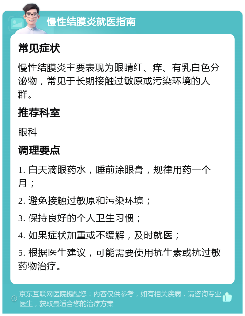 慢性结膜炎就医指南 常见症状 慢性结膜炎主要表现为眼睛红、痒、有乳白色分泌物，常见于长期接触过敏原或污染环境的人群。 推荐科室 眼科 调理要点 1. 白天滴眼药水，睡前涂眼膏，规律用药一个月； 2. 避免接触过敏原和污染环境； 3. 保持良好的个人卫生习惯； 4. 如果症状加重或不缓解，及时就医； 5. 根据医生建议，可能需要使用抗生素或抗过敏药物治疗。